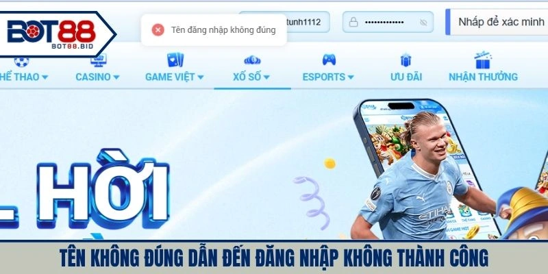 Tên không đúng dẫn đến đăng nhập không thành công